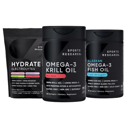 Sportsforskning Antarktis Krill Oil Omega 3 Mini- Softgels 500mg med fosfolipider, Cholin, Astaxanthin, Triple Strength Omega 3 Burpless Fish Oil 1250mg, Sugar Free Multi Flavor Hydrate Elektrolytter