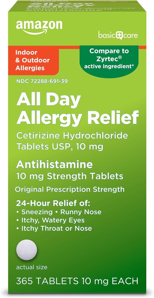 Basic Care Alle dage Allergi, Cetirizin Hydrochloridtabletter, Antihistamin, 10 mg, 365 Tælling (Emballage kan variere)