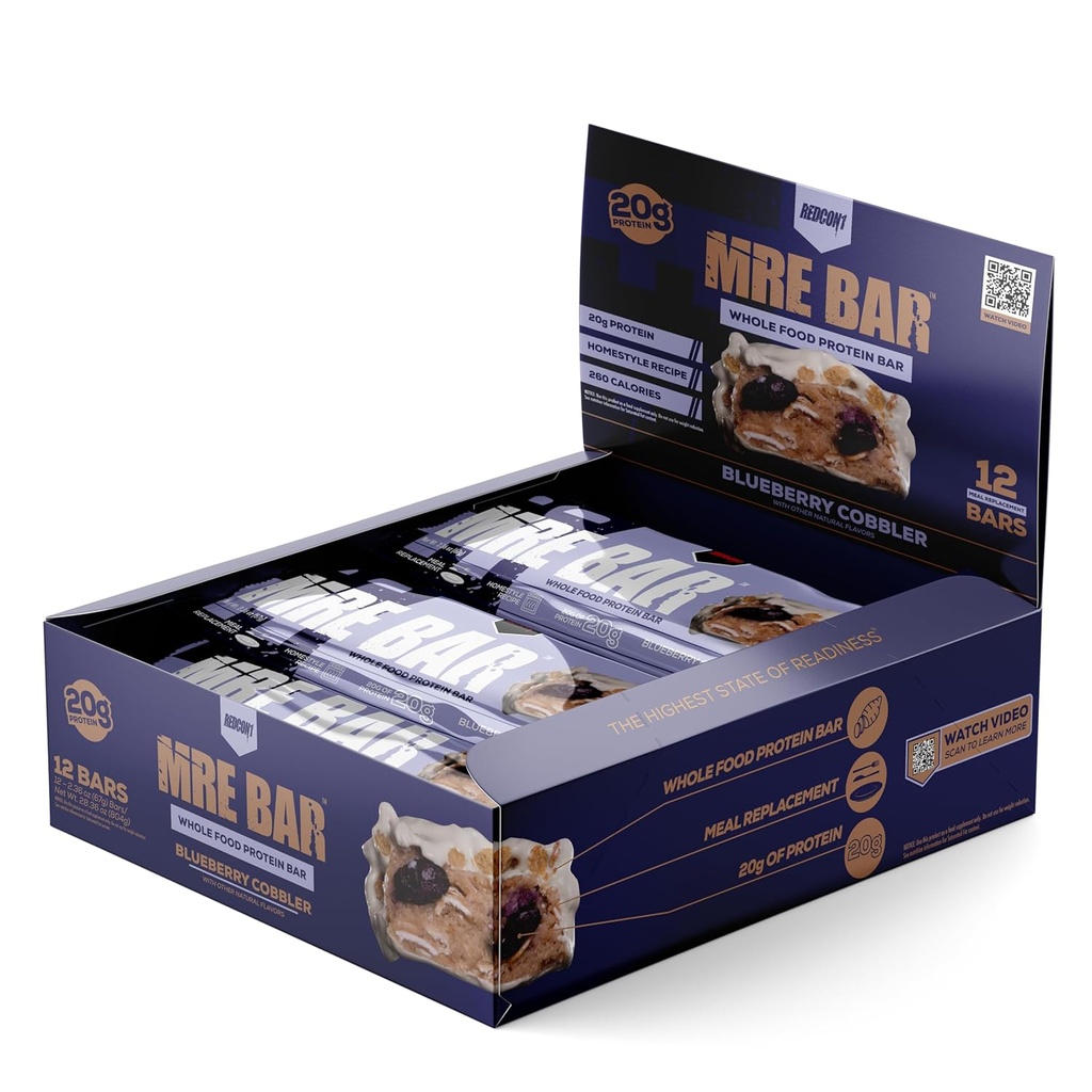 REDCON1 MRE Protein Bar, Blåbær Cobbler - Indeholder MCT Oil + 20 g hel fødevare protein - let fordøjelig, Macro Balanceret Lavsukkermel erstatning Bar (12 Barer)