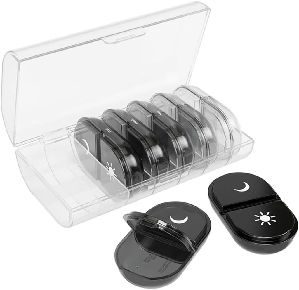EZY DOSE Weekly (7-Day) Daglig Individuel AM / PM Pill Organizer med Case, Bærbar Medicin Dispenser, Travel- Friendly Holdbar Pill Container, 2X dag kompartmenter for vitaminer og kosttilskud, Sort