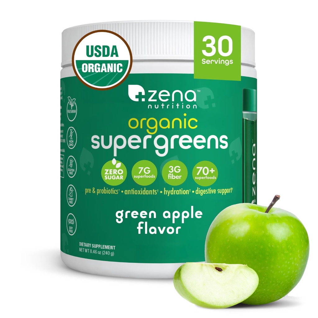 Zena Nutrition Organic Super Green Powder, 70 + Superfoods, 0 Sugar, 3G Fiber, Spirulina, Chlorella, svampe, Prebiotika / Probiotika, fordøjelige enzymer til Gut Health, Green Apple, 30 Servere