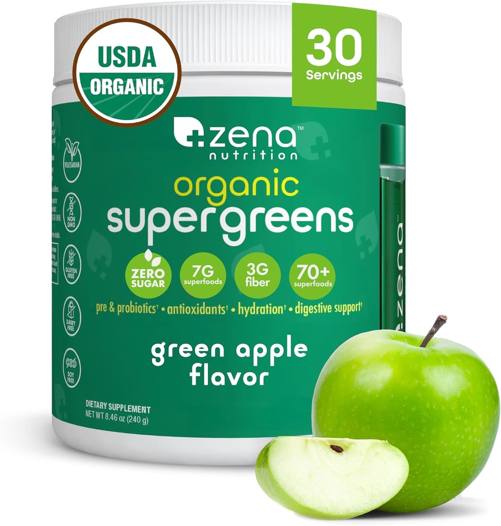 Zena Nutrition Organic Super Green Powder, 70 + Superfoods, 0 Sukker, 3G Fiber, Spirulina, Chlorella, Antioxidanter, Prebiotika / Probiotika, fordøjelige enzymer, Green Apple, 30 Servere
