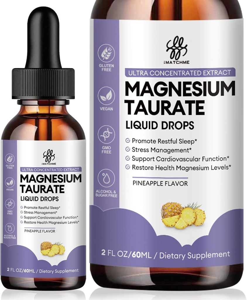 Magnesium Taurate Liquid Drop for Muscle Function, Nerve and Heart Health Support, High Absorption Magnesium Supplement with B6, CoQ10, Vegan, Non-GMO, Gluten/Sugar Free Pineapple Flavor, 2 Fl Oz