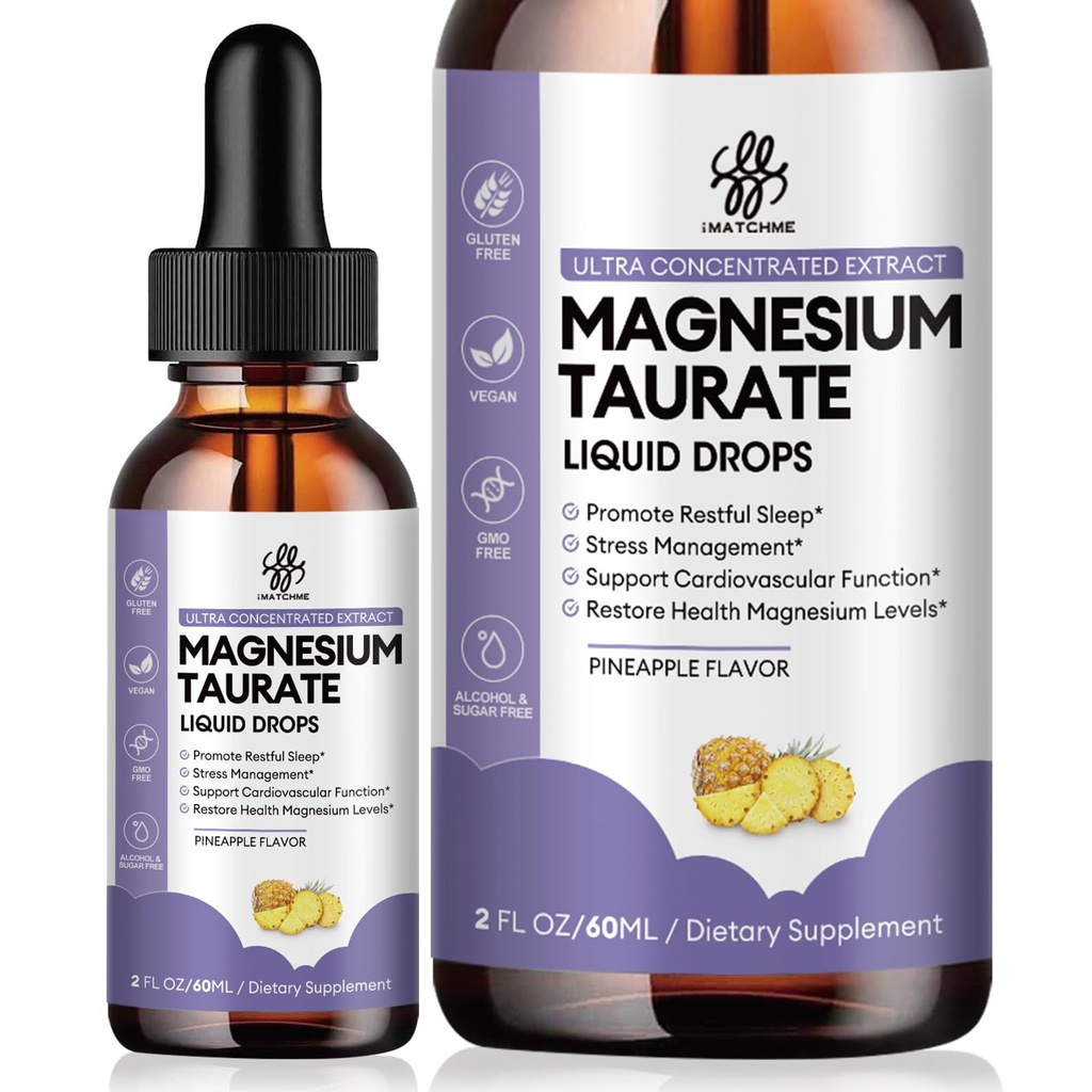 Magnesium Taurate Liquid Drop til muskelfunktion, nerve og hjerte sundhed støtte, høj absorption Magnesium tillæg med B6, CoQ10, Vegan, non-GMO, gluten / sukker fri ananas flavor, 2 Fl Oz