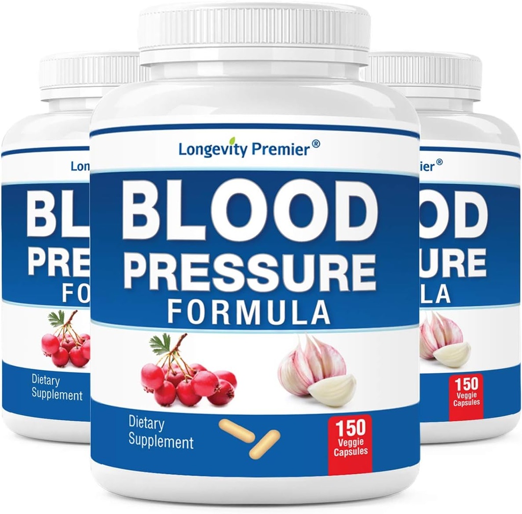[3- Flaske X 150 Caps] Longevity Blood Pressure Formel - Videnskabeligt formuleret med Hawthorn & 12 + Kvalitet Natururter