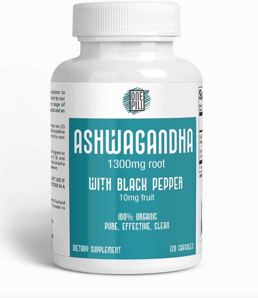 ASHWAGANDHA 1300 mg organisk rod med sort peber. Naturlig Stress og Mood Support 120 Kapsler