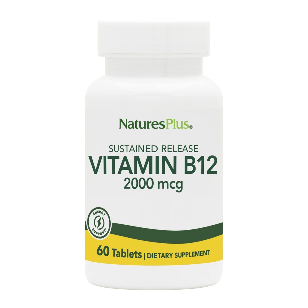 Natures Plus Vitamin B12 (Methylcobalamin), Sustained Release - 2000 mcg, 60 Vegetariske tabletter - High Potency Red Blood Cell Support - Natural Energy Booster - Gluten- Free - 60 Servere