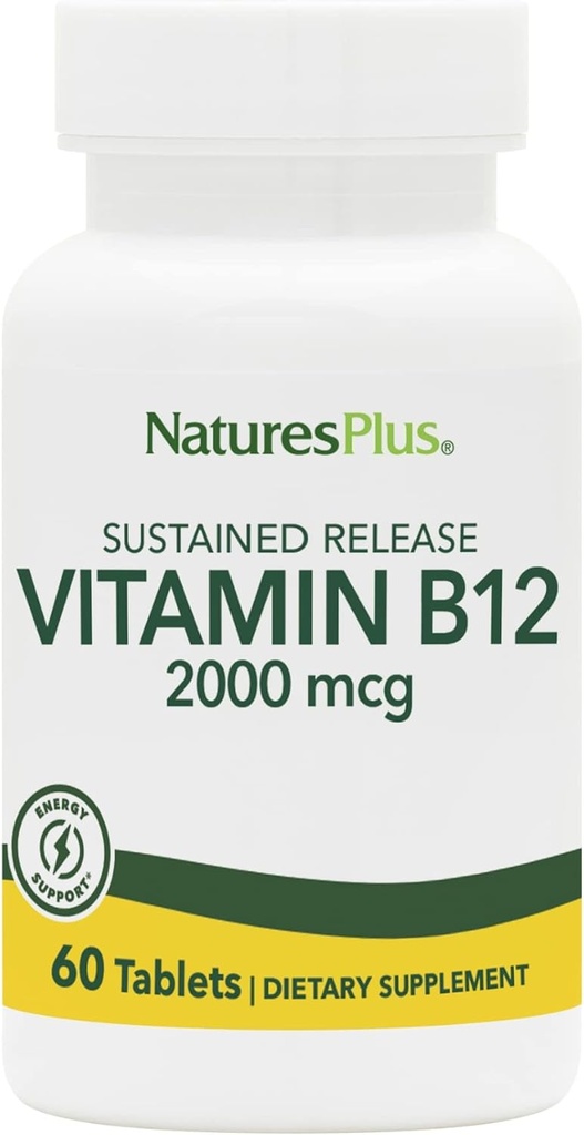 Natures Plus Vitamin B12 (Methylcobalamin), Sustained Release - 2000 mcg, 60 Vegetariske tabletter - High Potency Red Blood Cell Support - Natural Energy Booster - Gluten- Free - 60 Servere