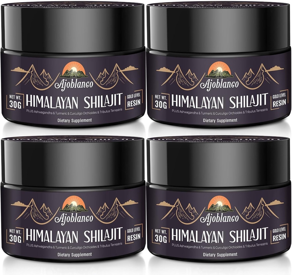 Ajoblanco 600mg Natural Himalayan Organic Shilajit Resin - Himalayan Gold Shilajit Resin med Organic Ayurvedic Blend i høj potens for energi, styrke og immunitet, pakke med 4
