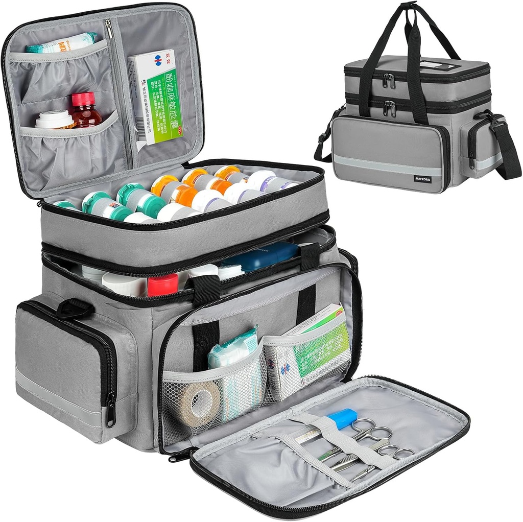 Stor pilleflaske Organizer, Double Layer Medicine Storage Bag med låsbare lynlåse og skulderrem, Medicin Travel Bag til receptpligtige flasker, Vitaminer og medicinske forsyninger, Gray (Kun taske)