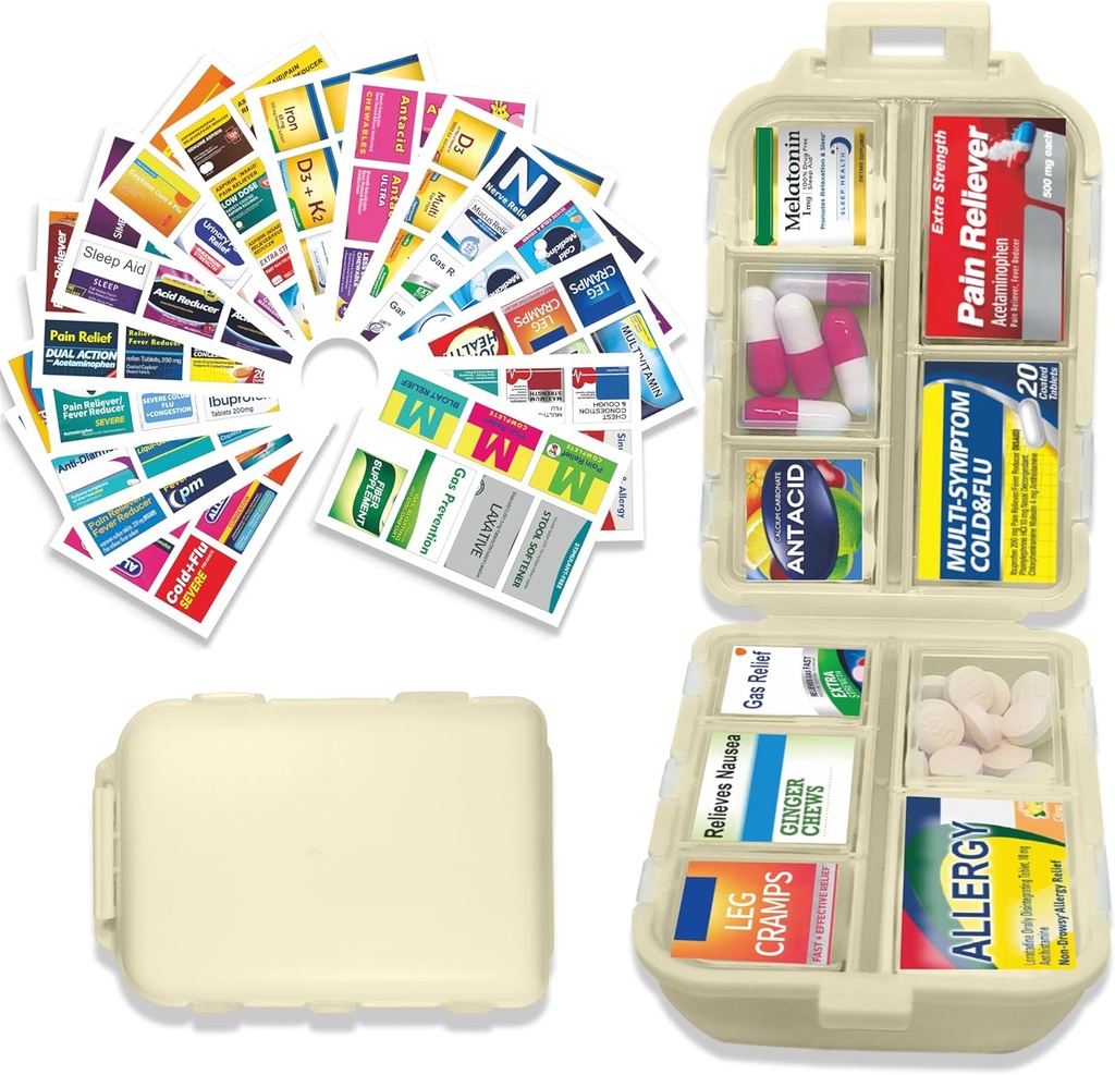 Pill Organizer med Medicine Labels 146 Labels Travel Daily Pill Container Mini Medication Organizer Storage Pill Organizer Travel Essentials Pill Case 7 Dag (Beige, 1 Pack (Stor))