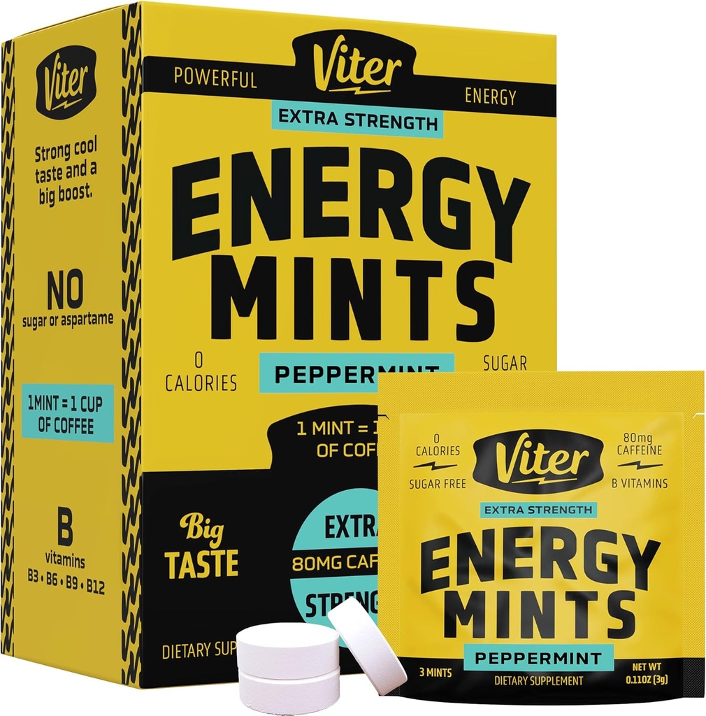 Viter Energy Koffein Mints 80mg Extra Strength - 90 stykker kaffe med B-vitaminer. Sugar Free Vegan Breature Mint. Energize Nootrop Focus Booster for Fast Alerness (Pebermynte Flavor, 30 Pack)