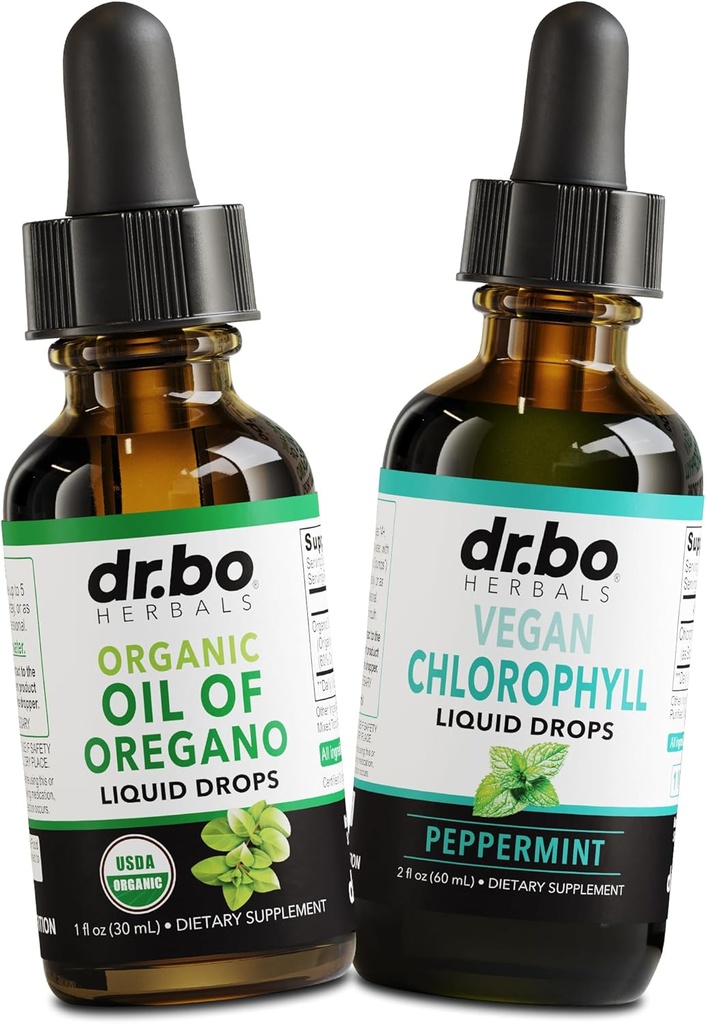 Oregano Oil Organic Liquid Drops & Chlorophyll - Oil of Oregano Drops Tincture Extract & Vegan Chlorophyll Liquid Body Detox Cleanse Immunsupport - fordøjelig Gut Health Odor Cleanse Supplement