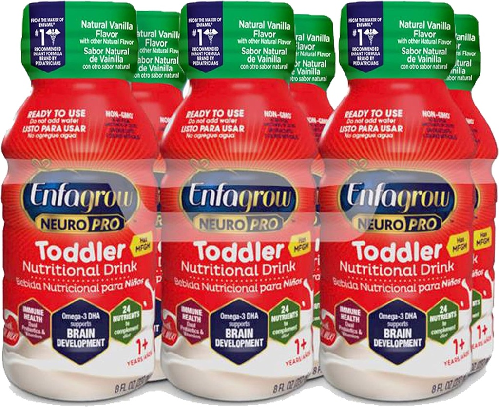 Enfagrow NeuroPro Toddler Nutritional Drink, Vanilla Flavor, Omega-3 DHA for Brain Support, Prebiotika & Vitaminer for immunsundhed, Ready- to- use flasker, 8 Fl Oz, 6 Greve