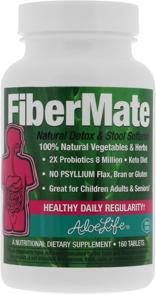 Aloe Life - FiberMate tabletter, Body Detox & Stool blødgøringsmiddel, Grøntsager & Urter, Gentle uregelmæssig Relief, Sikker fordøjelsesstøtte, Ingen Psyllium eller Bran, Gluten- & Dairy- Free (160 tabletter)
