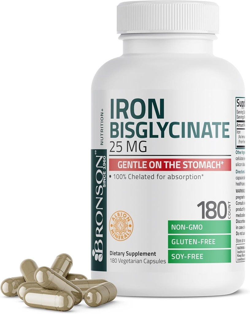 Bronson Iron Bisglycinate 25 mg blister på Maven, understøtter energi & sund rød blodcelle produktion - non-constipating formel - ikke GMO, 180 vegetariske kapsler