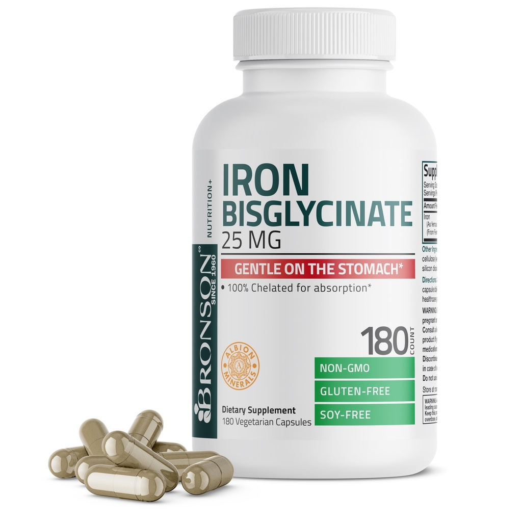 Bronson Iron Bisglycinate 25 mg blister på Maven, understøtter energi & sund rød blodcelle produktion - non-constipating formel - ikke GMO, 180 vegetariske kapsler