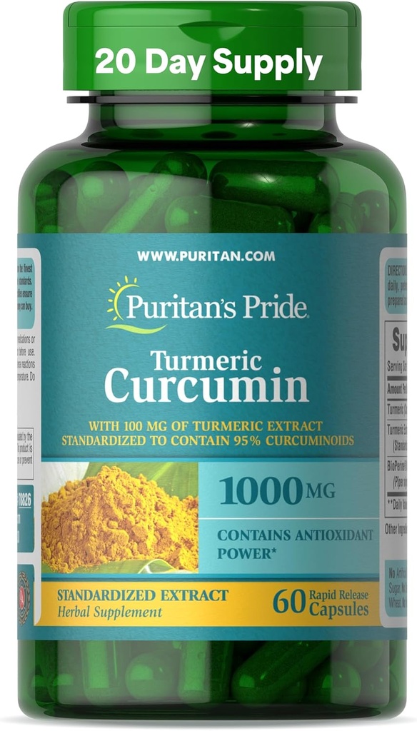 Puritans pride gurkemeje 1. 000mg, Standariseret til 95% cucuminoider, Herbal Kosttilskud til antioxidant sundhed, 60 Radpid Release Kapsler