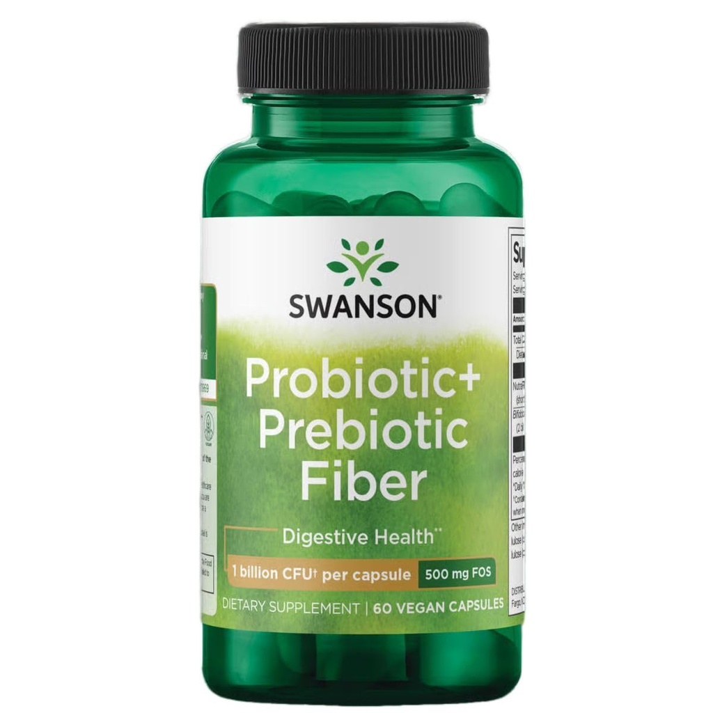 Swanson Prebiotic + Probiotic Fiber - Natural Supplement Fremme fordøjelsessystem & immunforsvar - Aids Regularity & GI Tract Health - (60 kapsler, 500 millioner CFU hver)