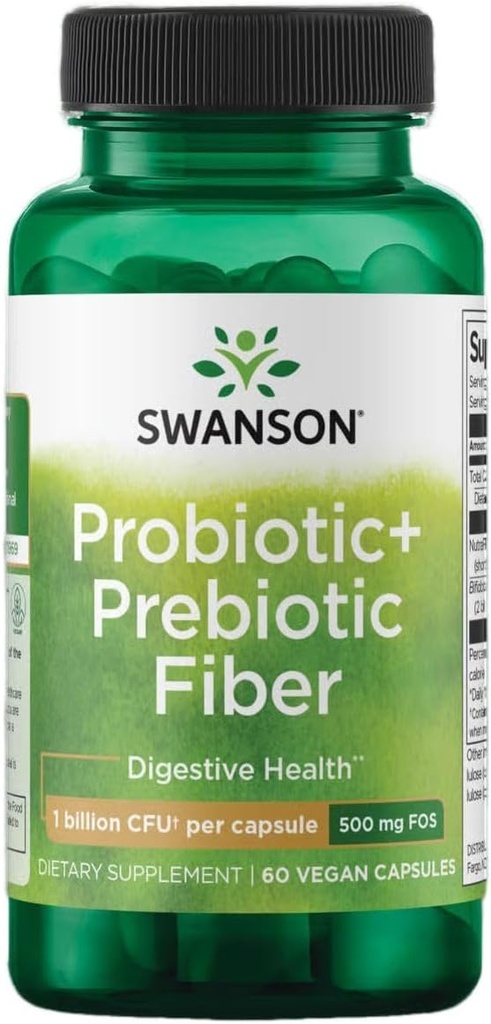 Swanson Prebiotic + Probiotic Fiber - Natural Supplement Fremme fordøjelsessystem & immunforsvar - Aids Regularity & GI Tract Health - (60 kapsler, 500 millioner CFU hver)