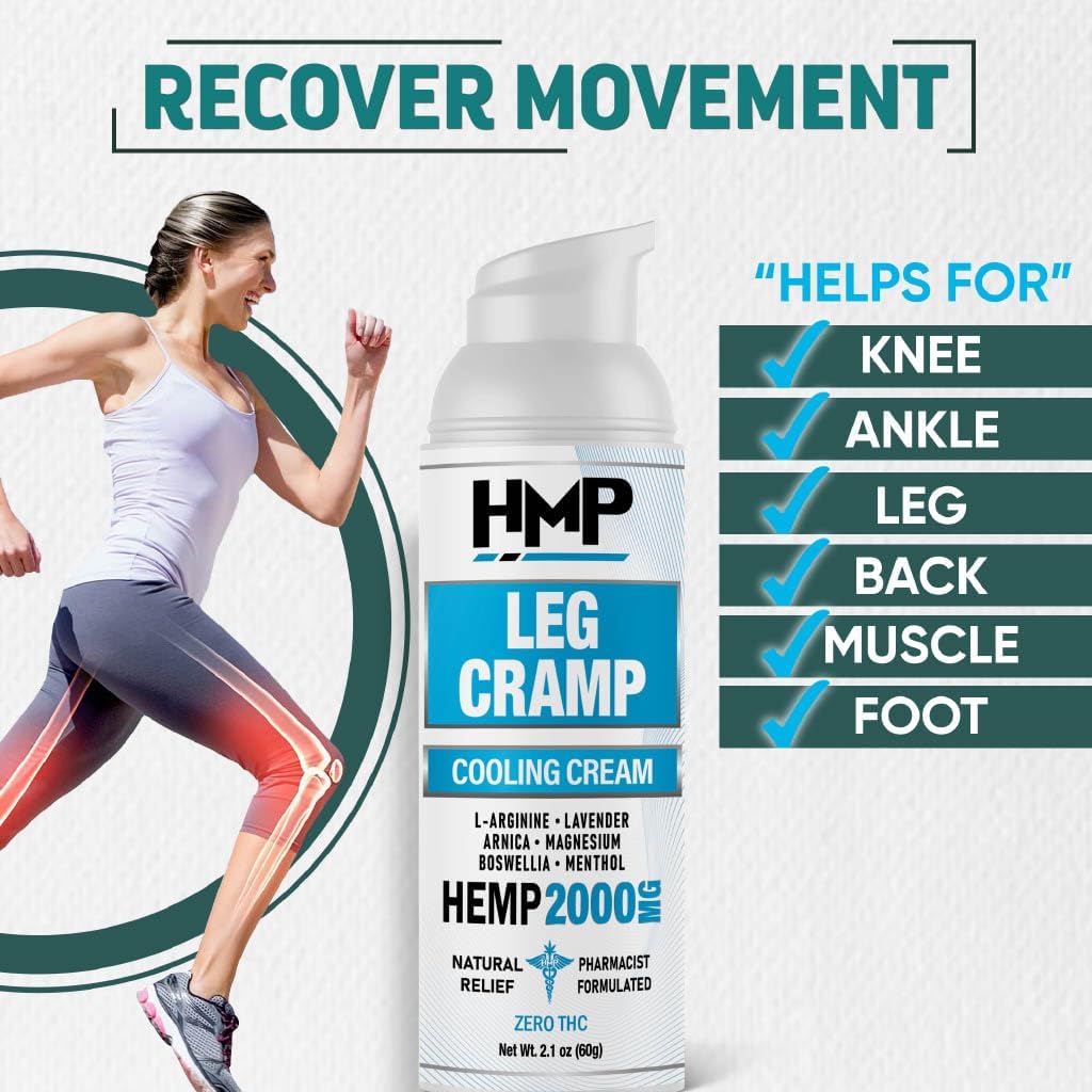 Leg Cramp Support 2000mg Hamp Cream Maksimal styrke Relief for ben Calf, Knee, Foot w Magnesium Arginin Lavendel Menthol Lavet i USA Natural Formel 2.1oz