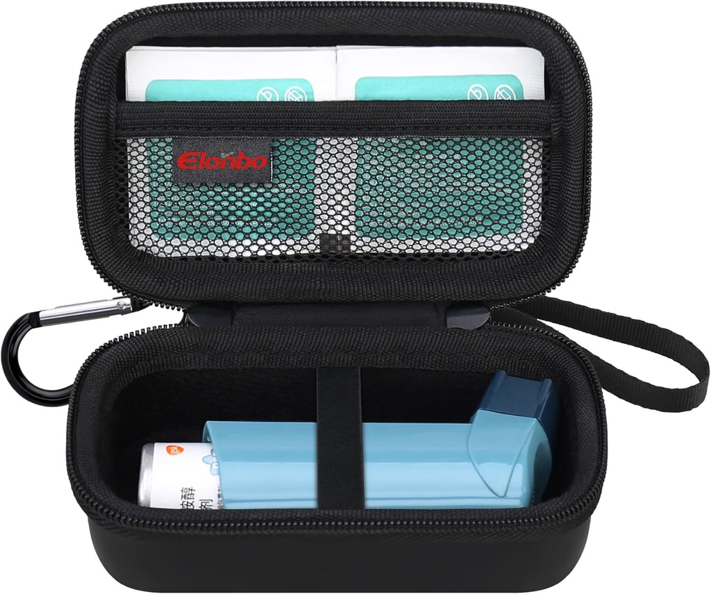 Elonbo Astma Inhaler Carriing Case, Rejse Organize Holder taske til Ventolin Inhaler, Ekstra indre Mesh Pocket Fits Astma Mediction, Black + Inside Black (CASE KUN! Inhalermedicin ikke inkluderet)