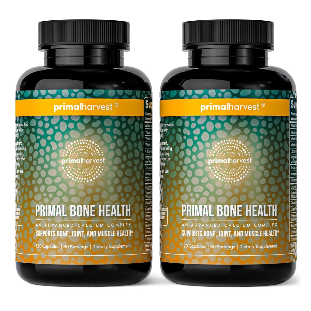 Primal Harvest 2 Pack, Primal Bone Health Calcium Carbonat Bone Health Complex for mænd og kvinder med calcium, magnesium, zink, mangan, kalium, & L- Carnitin (240 kapsler)