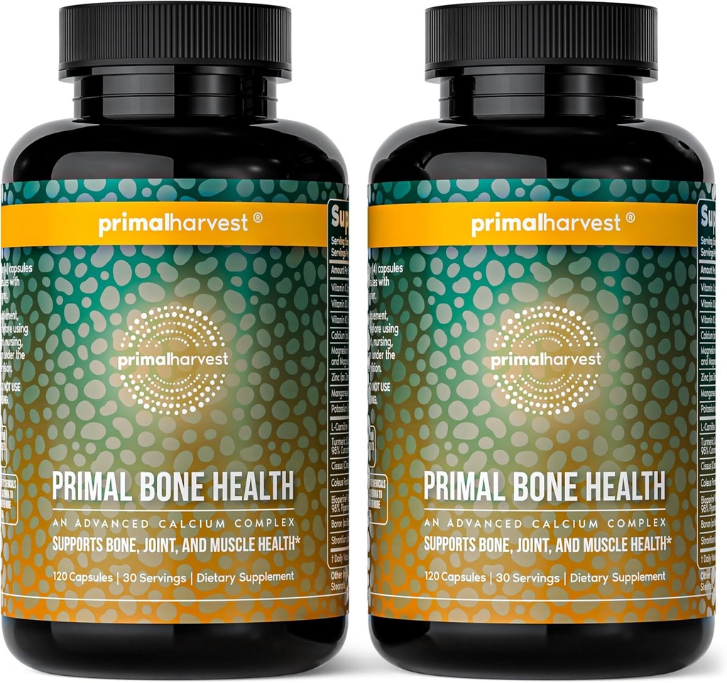 Primal Harvest 2 Pack, Primal Bone Health Calcium Carbonat Bone Health Complex for mænd og kvinder med calcium, magnesium, zink, mangan, kalium, & L- Carnitin (240 kapsler)