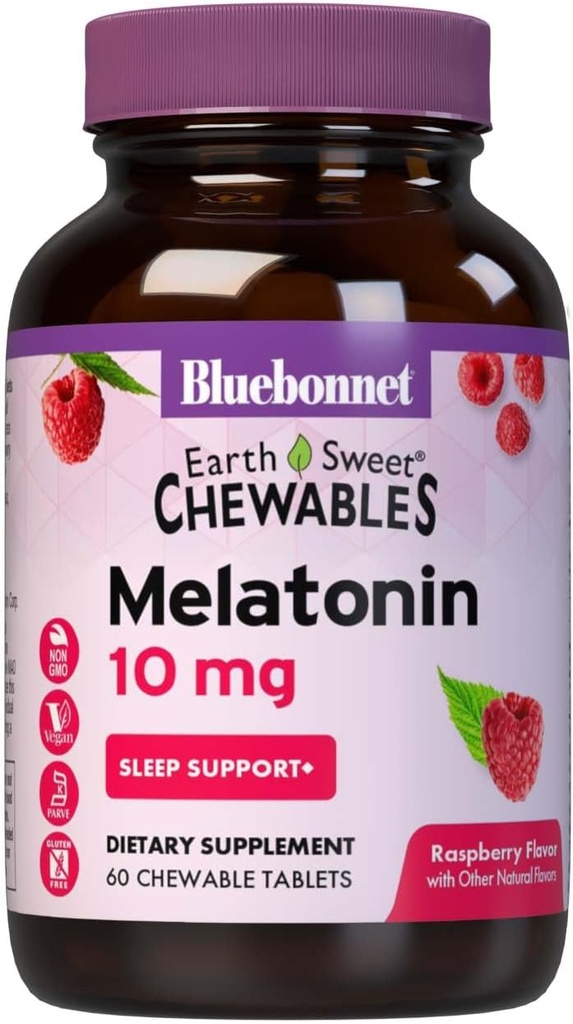 BlueBonnet Nutrition EarthSweet Melatonin 10 mg Fast- Actioning Quick Opløs Nighttime Afslapning & Restable Sleep Support - Sleep Aid - Gluten- Free, Vegan - Raspberry Flavor - 60 tyggetabletter