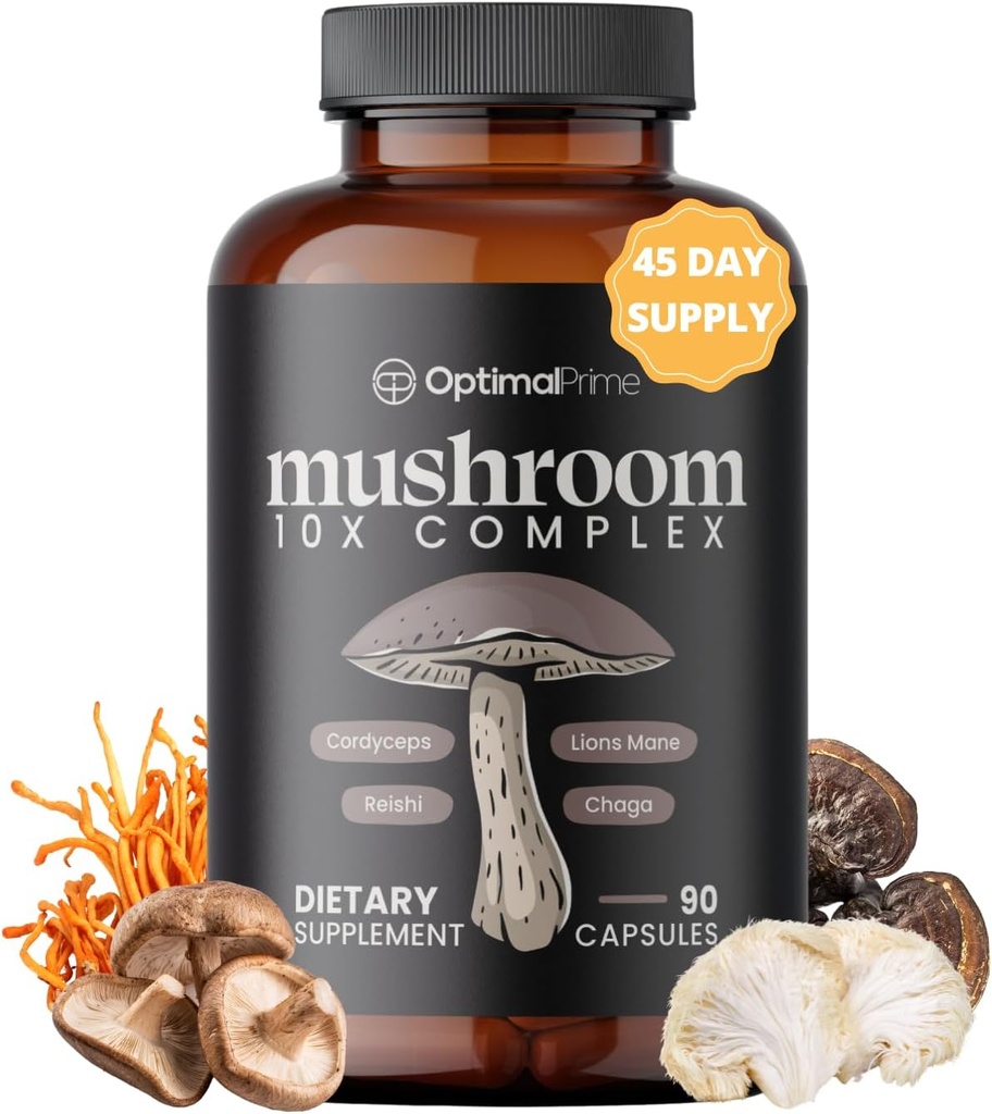 Optimal Prime 10x Mushroom Complex Supplement - Lions Mane, Cordyceps, Tyrkiet Hale for Immunitet, Energi, Mood, Focus - Natural Health Booster, 90 Caps