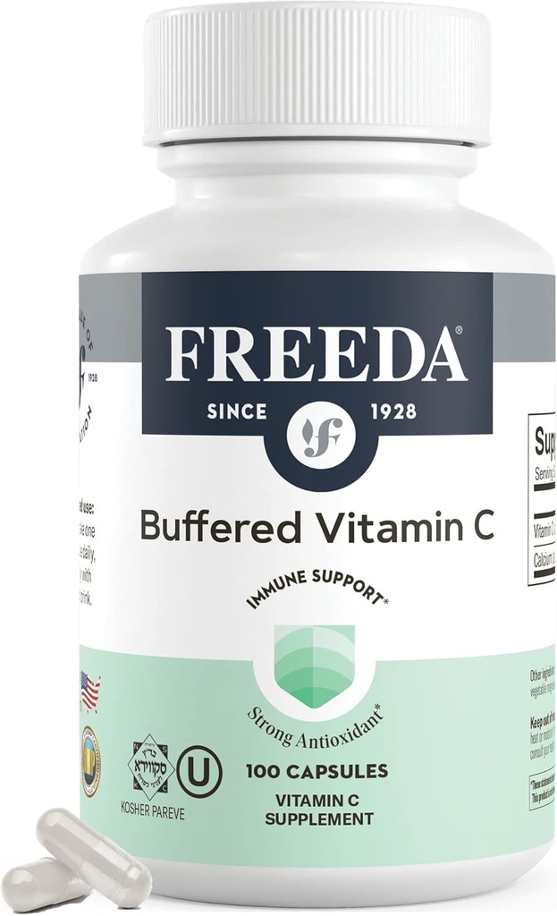 FREEDA Buffered Vitamin C 500mg - Non- Acid Calcium Ascorbat - Immunstøtte & Antioxidant - Kosher, Dal på Mave - 100 kapsler