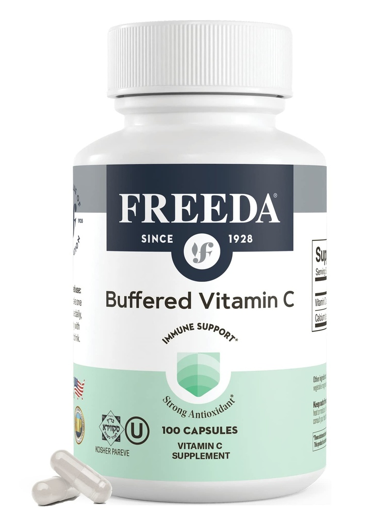 FREEDA Buffered Vitamin C 500mg - Non- Acid Calcium Ascorbat - Immunstøtte & Antioxidant - Kosher, Dal på Mave - 100 kapsler