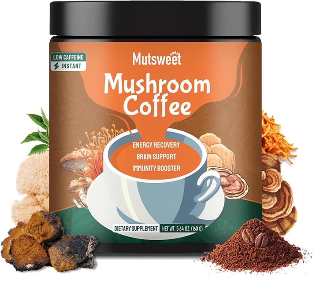 Mushroom kaffe Decaf, Advanced 13 i 1 Mushroom pulver med Lions Mane, Cordyceps, Chaga, Reishi, Instant kaffe Mushroom tillæg med adaptogens Rhodiola til immunforsvar, fokus, energi