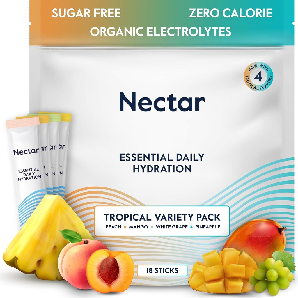 Nectar Hydration Pakninger - Elektrolyter Powder Pakninger - Sukker Free & 0 Calorie - Økologisk frugtvæske Dagligt IV Hydratstik til Dehydrering & Rehydrering Relief (Tropisk 18 Pack)