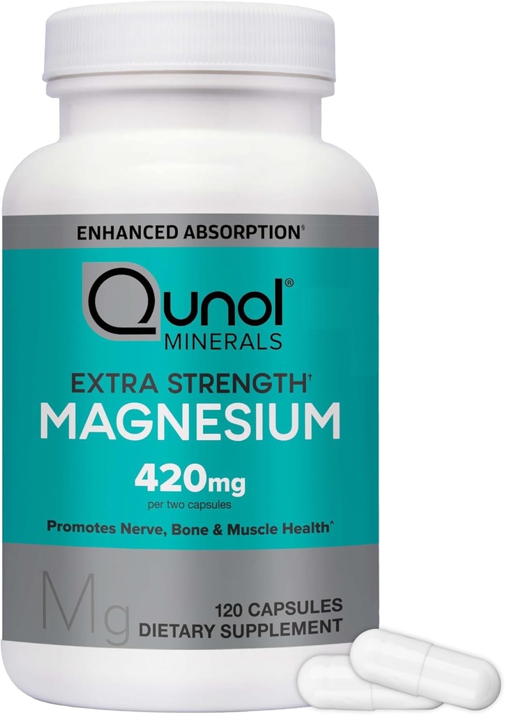 Qunol Magnesiumkapsler 420mg, højabsorptionsmagnesiumsupplement, ekstra styrke, ben og muskelhelbredstillæg, 120 Tælling