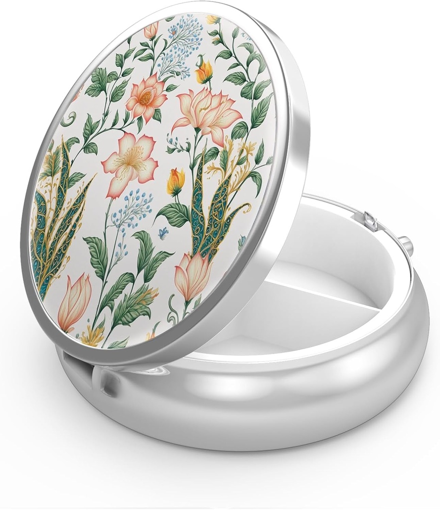 Pill Box 3 Segment Medicine Pill Case, Portable for Pocket eller Purse Pill Box Dekorative Metal Medicine Vitamin Organizer Unik gave (Floral Flower)