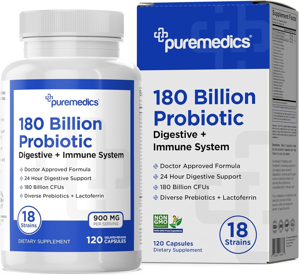 Valg Formel Probiotika 180 Millioner CFU - 18 Stammer + Lactoferrin + Prebiotika - Immun, fordøjelsesbesvær & Gut Sundhed - Forstoppelse, Diarré, Gas & Bloating - for kvinder og mænd - 120ct