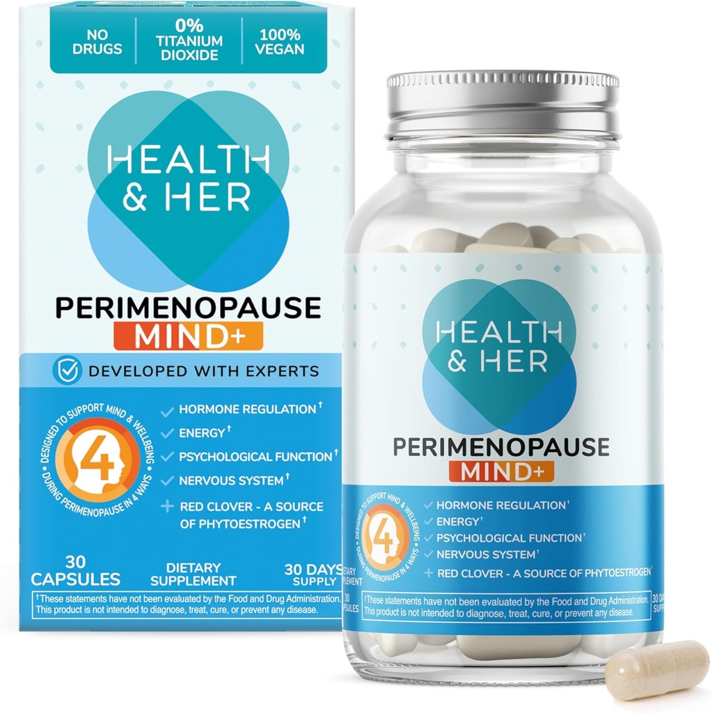 Sundhed & Hendes Perimenopause Mind + Kognitiv Funktion Support, for Early Stage of Menopause, Mental Energy, Kosttilskud til kvinder med vitaminer, Gluten- fri, Non- GMO, Vegan (30 ct - 1 måned)