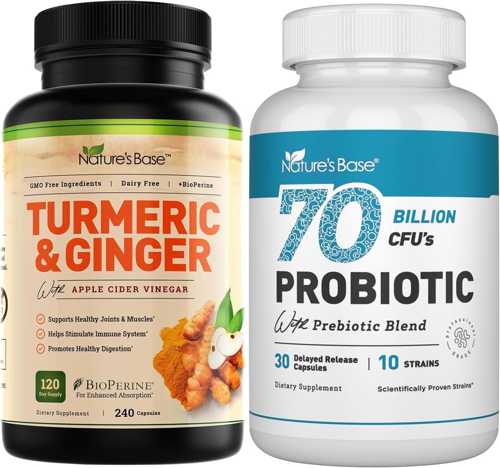 Nature 's Base Gurmerisk & Ginger 240 ct + Probiotika 70 Millioner CFU 30 c
