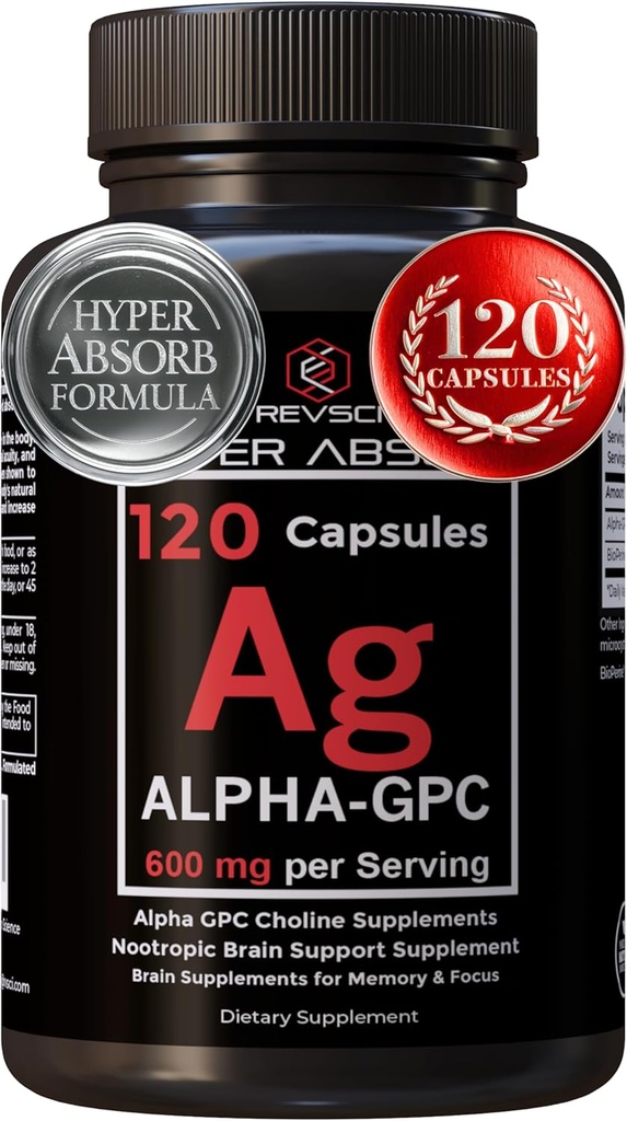 Alpha GPC supplement & BioPerine for Hyper Absorption - 120 Tæl, Alpha- GPC 600 mg per servering - Nootropics for Memory, Focus, Energy, & Drive - Cholin Kosttilskud til Boost Acetylcholin, Lavet i USA