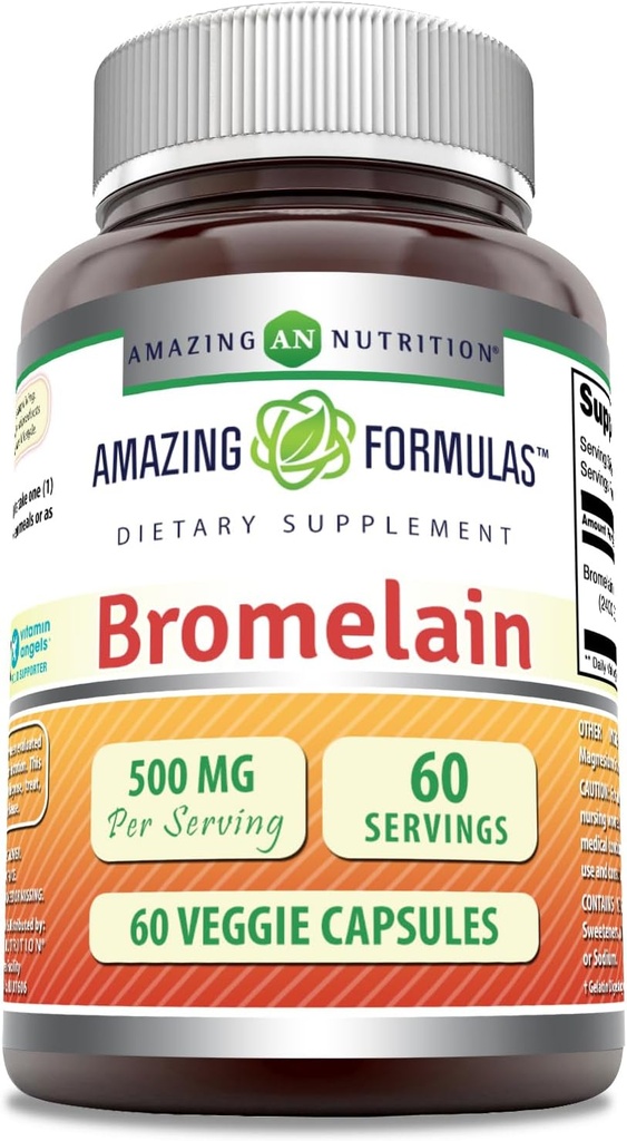 Amazing Formulas Bromelain 500mg 2400 GDU, 60 Veggie Kapsler 124; Non- GMO Note 124; Gluten Free Bromelain 124; Lavet i USA