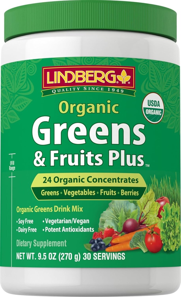 Lindberg Økologisk frugt og grøntsagspulver124; 9,5 oz Beeg 124; Grønne drikke Mix 124; 28 Koncentrater Plus 124; Vegan, Non- GMO, Gluten Free Supplement