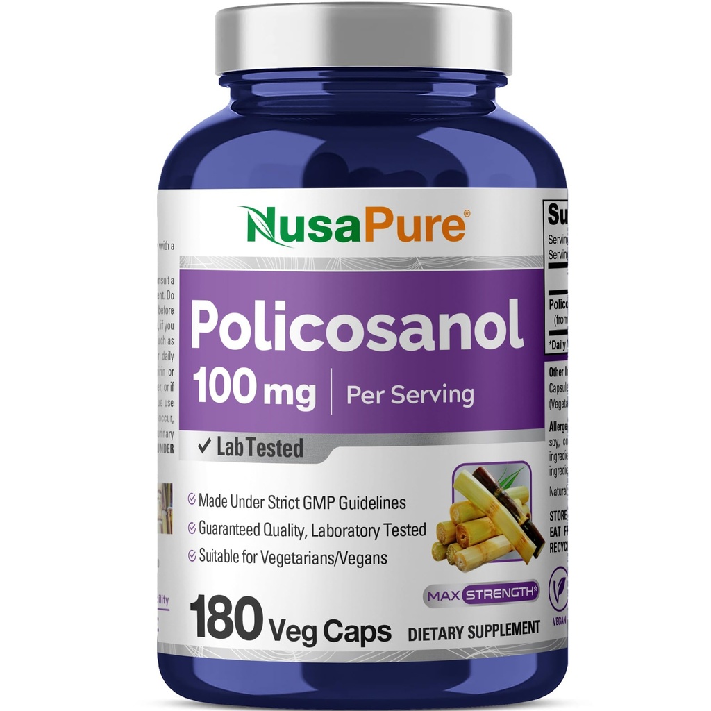NusaPure Policosanol 100mg 180 Veggie Kapsler (Vegan, Non- GMO)