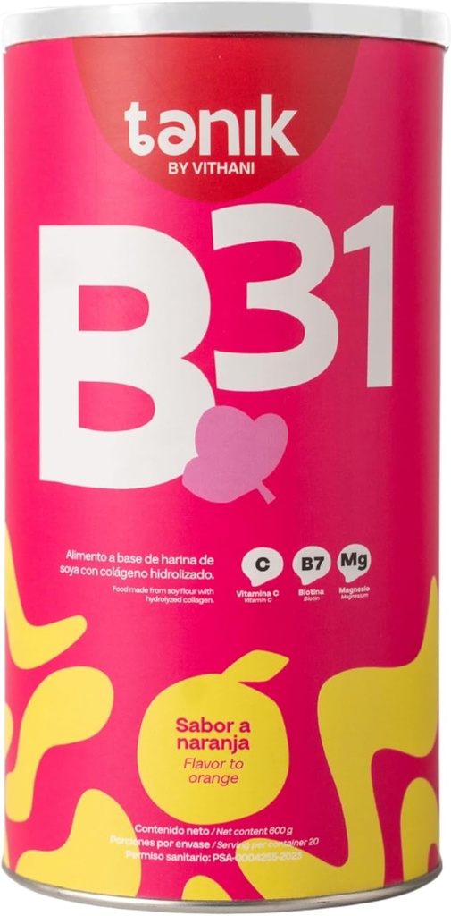 Vithani B31 Colageno med Magnesium Citrat, D-vitamin, E-vitamin og biotin - Collagen Plus C-vitamin til hud, hår og negle, Orange Flavor, 20 Servere