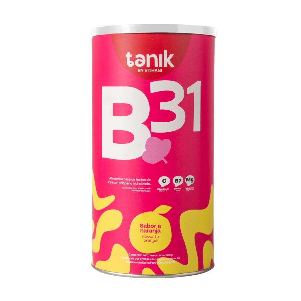 Vithani B31 Colageno med Magnesium Citrat, D-vitamin, E-vitamin og biotin - Collagen Plus C-vitamin til hud, hår og negle, Orange Flavor, 20 Servere