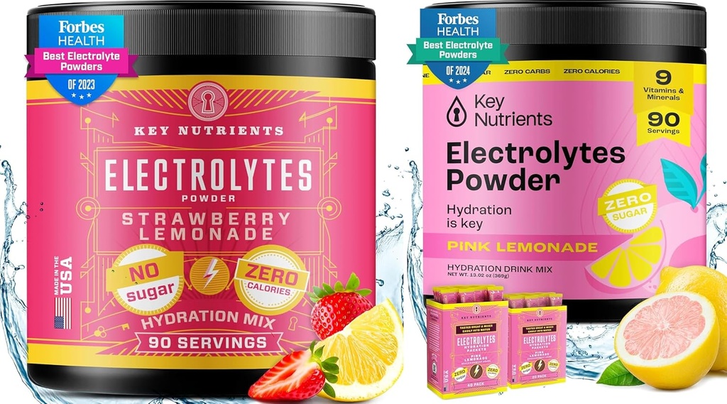 KEY NETRIENSER Elektrolyter & Multivitamin Hydration Powder Bundle - saftig Strawberry Lemonade & Fresh Pink Lemonade Elektrolyte Powders (90 Servere Hver) - Sukkerfri, Keto- Friendly, Ingen kalorier