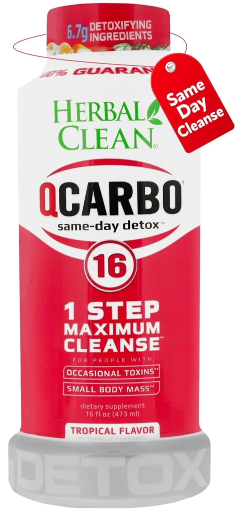 Herbal Clean Qcarbo16 Same-dag Detox Cleaning Drikke (16 fl oz) - Tropical Flavor Full Body Cleanse * Detox Drikke til moderat toksin niveau *, vitamin B2 og vitamin B12 til mænd og kvinder