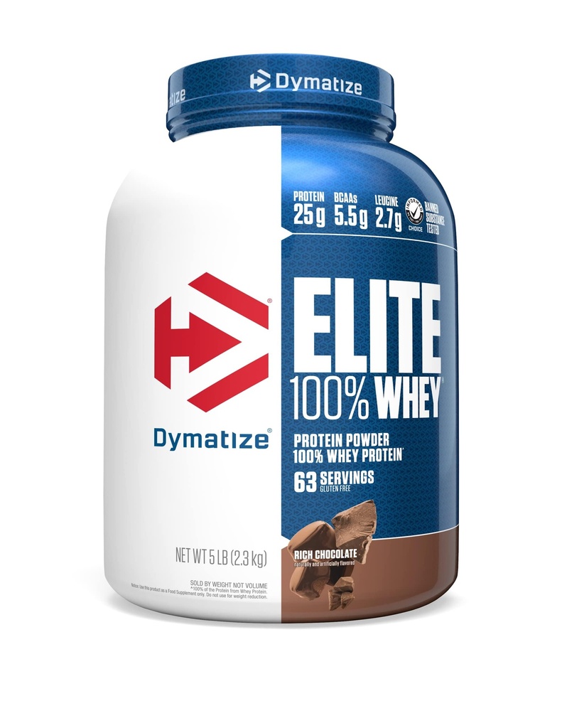 Dymatisere Elite 100% Whey Protein Powder, 25g Protein, 5,5g BCAAs & 2.7 L- Leucin, Quick Absorbing & Fast Digesting for Optimal Muscle Recovery, Rich Chocolate, 5 Pund (63 Servere)