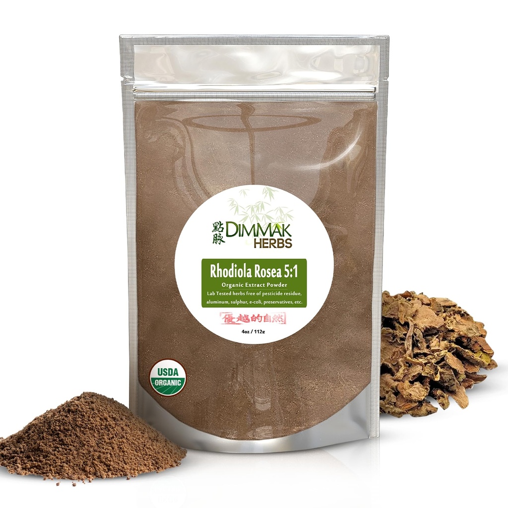 Dimmak Herbs Organic Rhodiola Rosea Extract 5:1 Powder (High Potency Adaptogen)- TCM Doctor Formulated 100% Golden Root for Energy, Focus & Cortisol Support- Non-GMO, Extra Strength Concentrate (4oz)