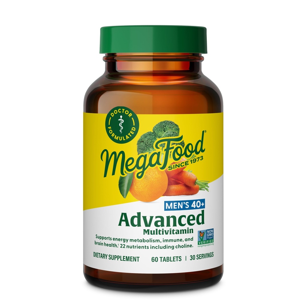 MegaFood Mænds 40 + Avanceret Multivitamin til mænd - Dr-Formuleret - Cholin, B-vitamin, C-vitamin, D-vitamin, Zink & Real Food - Brain Health, immunforsvar - Vegetar - 60 Tabs (30 Servere)